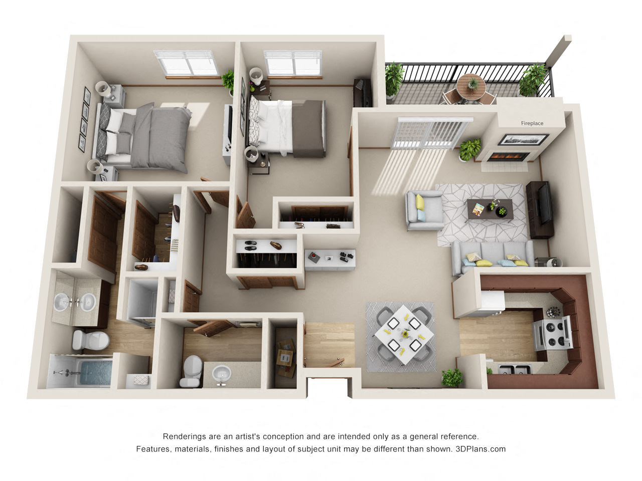 Floor plan for 2 beds, 2 baths, 1200 sqft